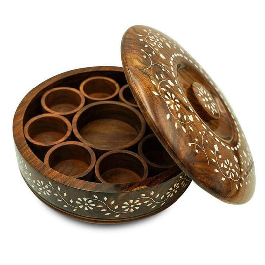 Circular Wooden Box with Spoon & Compartments