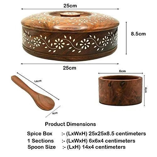 Circular Wooden Box with Spoon & Compartments