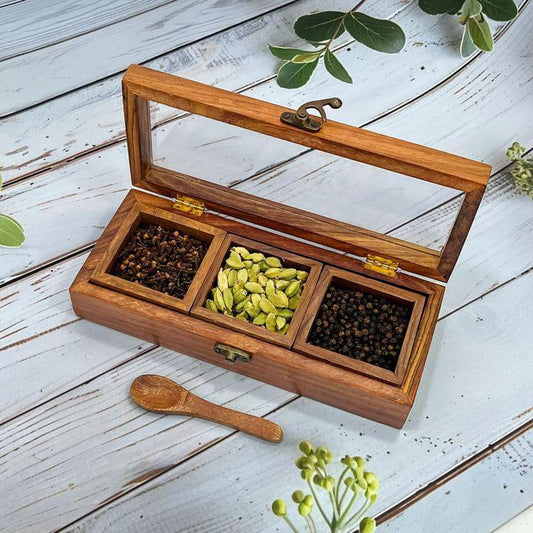 3-Compartment Wooden Box with Spoon